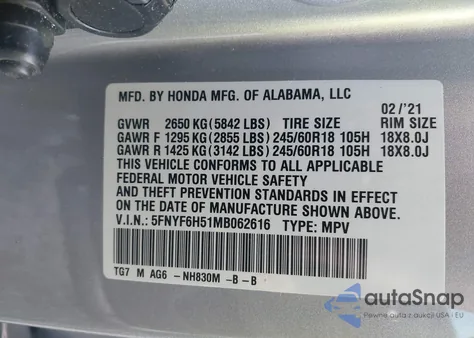 2021 Honda Pilot Awd Ex-L from USA, damaged, VIN 5FNYF6H51MB062616